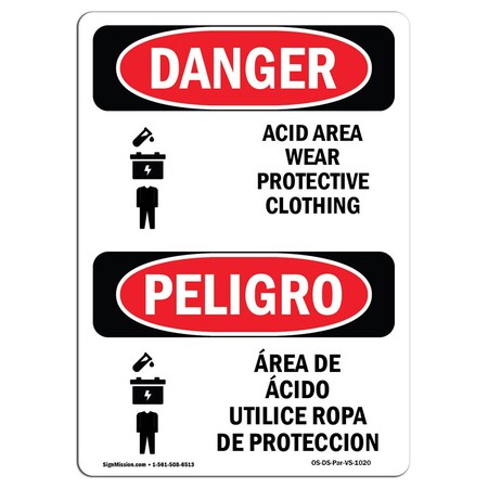 Signmission OSHA, Acid Area Wear Protective Clothing Bilingual, 14in X 10in Rigid Plastic, 10" W, 14" H, Spanish OS-DS-P-1014-VS-1020